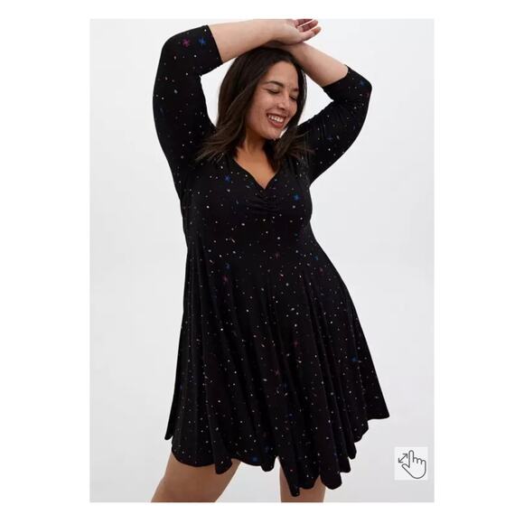 Torrid Super Soft Black Star Print Skater Mini Dress Sz.1 - Picture 1 of 16